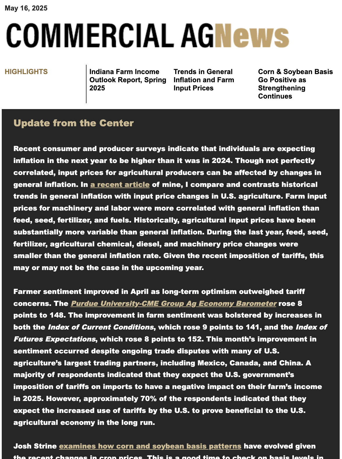 Commercial Ag News preview of the newsletter from May 16, 2025